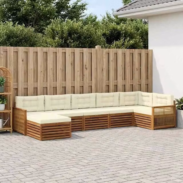 Set di divani da esterno moderno vidaXL in legno di acacia con 7 pezzi, colore beige e bianco – 1