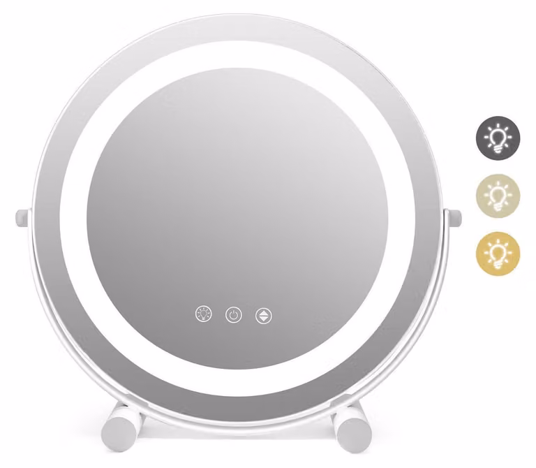 Specchio da trucco con illuminazione LED, 3 colori di luce, dimmerabile, diametro 30 cm, specchio da tavolo con rotazione a 360°, funzione di memorizzazione