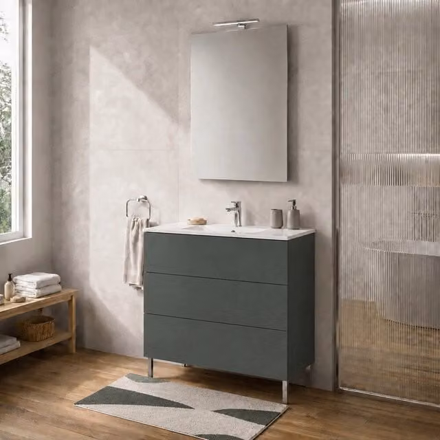 Mobile bagno a terra Tierra INBAGNO verde con tre cassetti push-pull e lavabo L: 100 cm, H: 84 cm, P: 45 cm