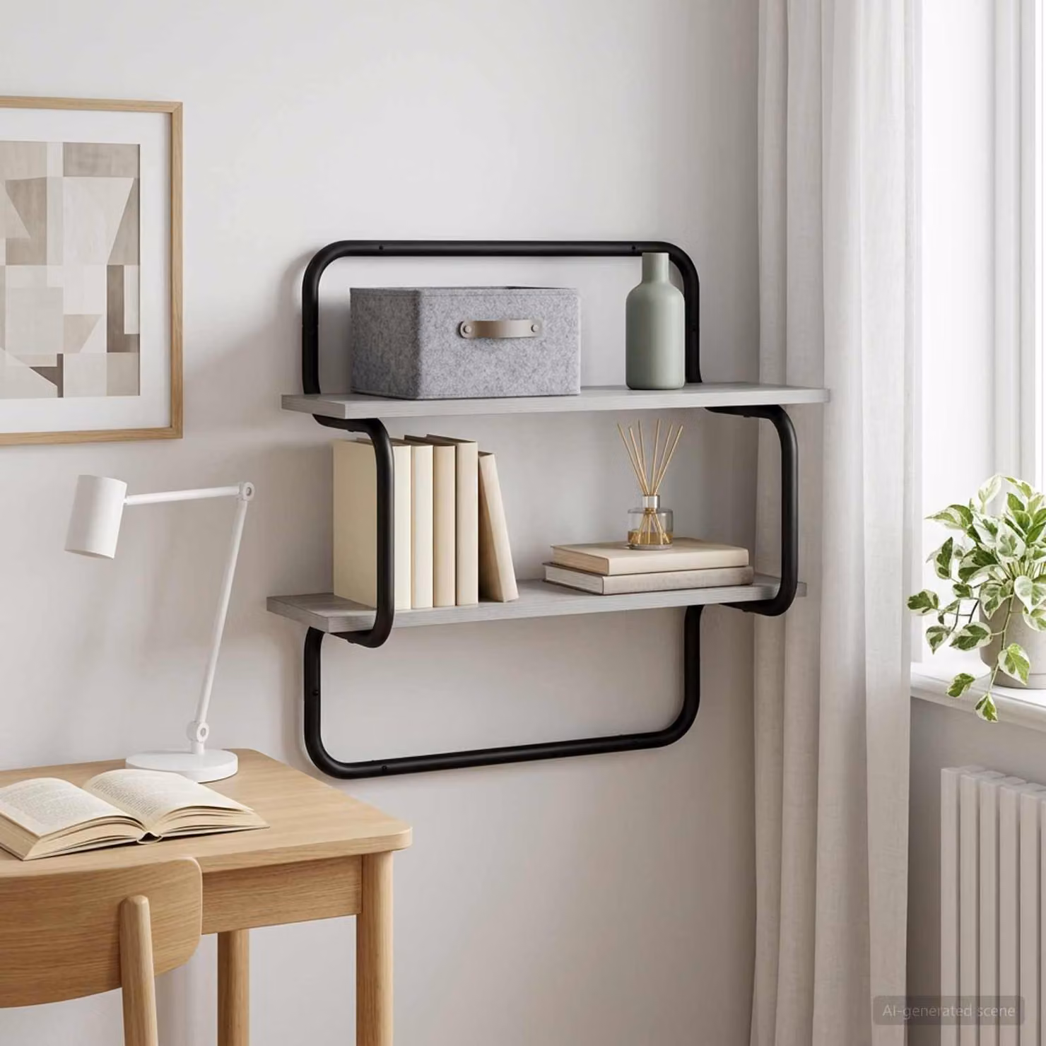 vidaXL Mensola a muro industriale con 2 ripiani in stile Sonoma grigio e nero, L: 60 cm, P: 24,5 cm, H: 61 cm