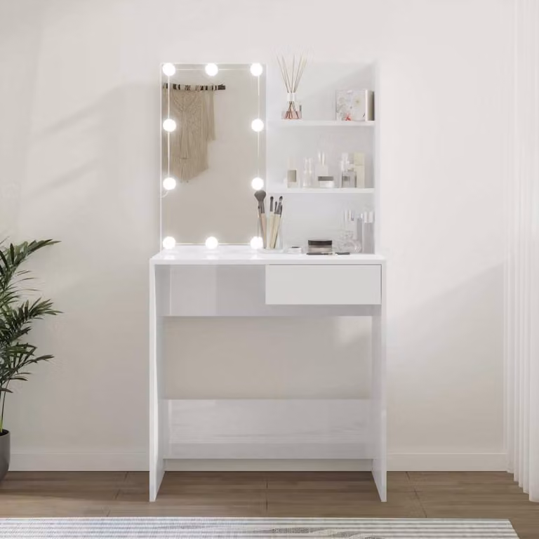 vidaXL Toeletta Hollywood con LED Bianco Lucido L/P/H: 74,5 x 40 x 141 cm