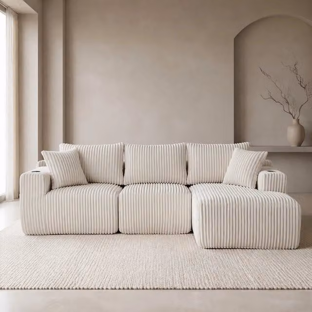 Divano modulare REDOM con chaise longue e 2 posti in velluto a coste beige L/P/H: 257 x 160 x 62 cm