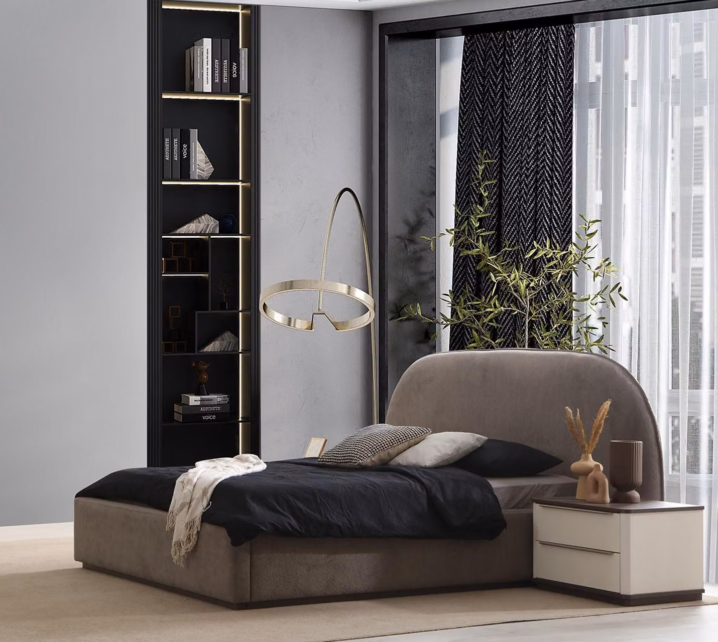 Schlafzimmer Elegante Beige Garnitur Doppelbett Edle 2x Nachttische
