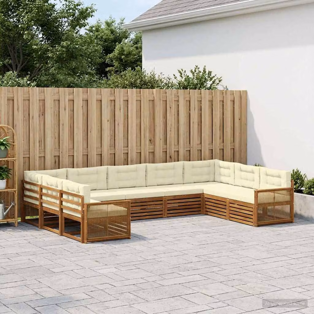 Set di divani da esterno vidaXL a forma di L in legno di acacia con cuscini, 9 pezzi, Beige, Bianco e Marrone