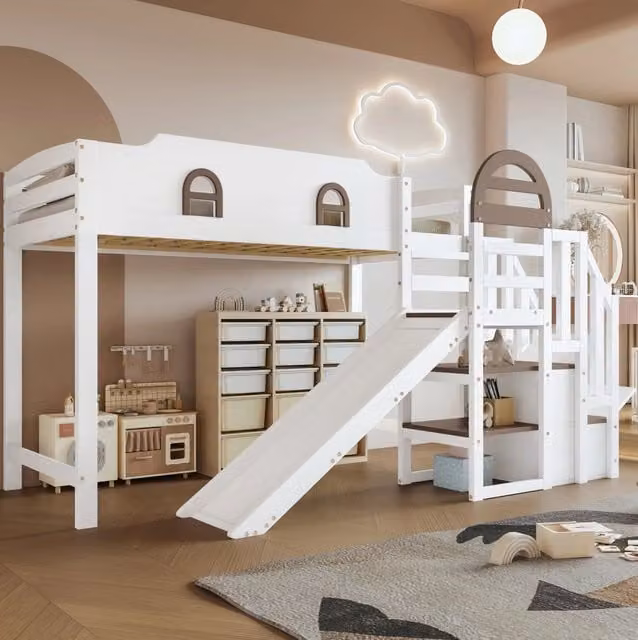 Letto a castello per bambini con scivolo, finestra decorativa e scala con 2 armadietti, legno di pino e MDF, bianco e marrone, 90x200 cm
