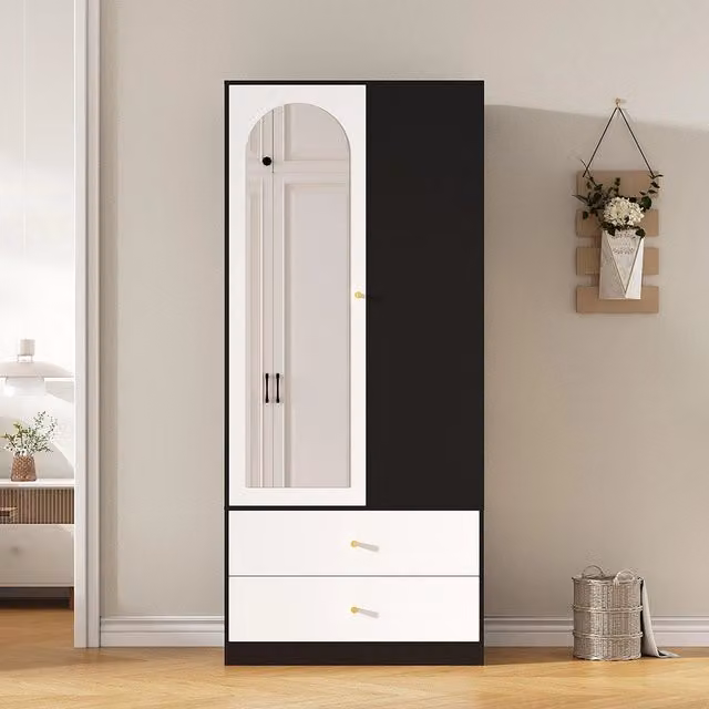 Armadio con specchio e porta - Xylo - 80x40x180 cm - Bianco e nero - 2 cassetti e 4 ripiani