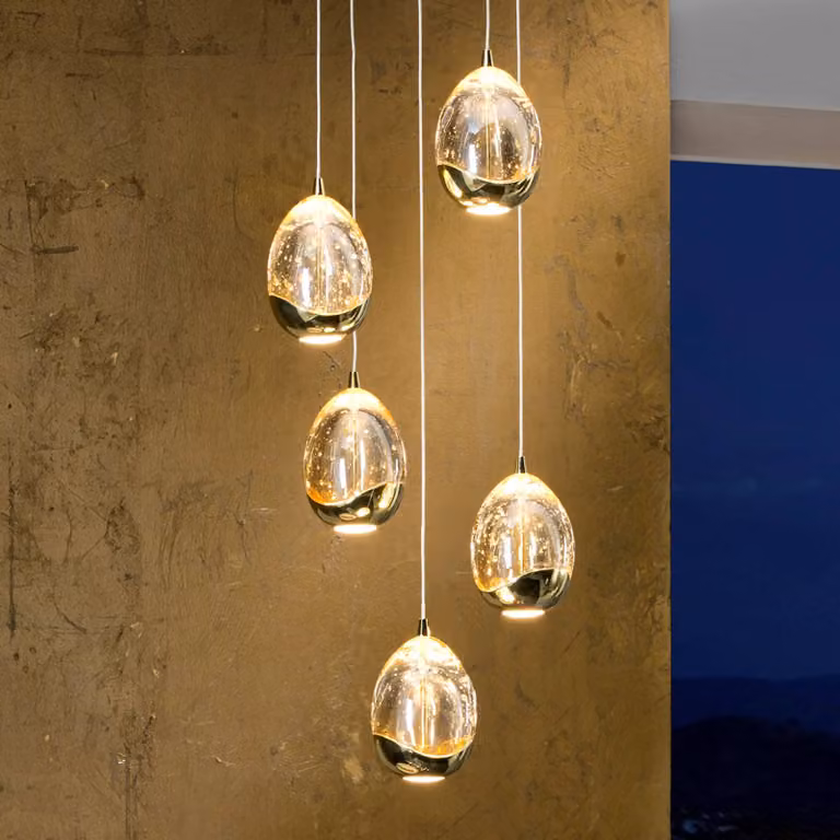 Schuller Valencia Lampada a sospensione LED Rocio, 5 luci, rotonda, metallo, vetro, oro dimmerabile, Chiaro / Trasparente, Soggiorno / Sala da pranzo, Metallo