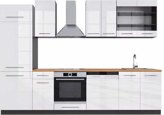 Cucina componibile moderna Vicco Fame-Line Bianco lucido e Antracite con dettagli Rovere, L: 300 cm
