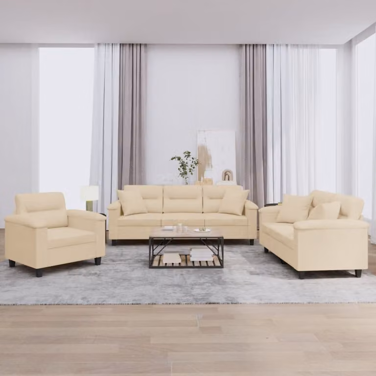 Set di divani vidaXL in microfibra beige con cuscini per soggiorno, composto da un divano a 3 posti e un divano a 2 posti con struttura in metallo e MDF