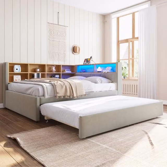 Divano-letto imbottito in flanella grigio chiaro 140×200 cm con letto estraibile 90×190 cm, luci LED, prese di ricarica e vani portaoggetti