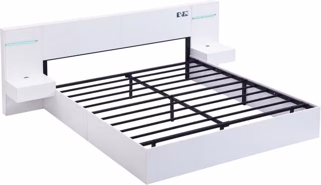 Letto matrimoniale 180x200 cm in MDF bianco con LED colorati, altoparlanti Bluetooth, orologio elettronico e due comodini