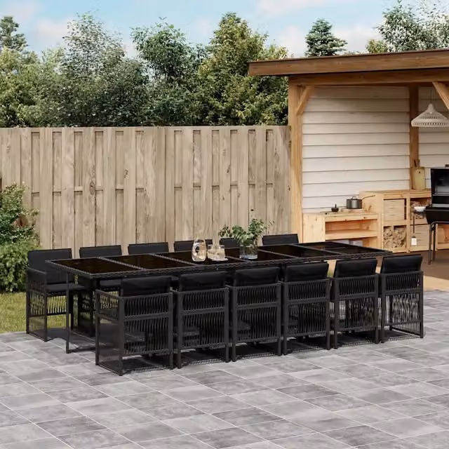 Set da pranzo da giardino vidaXL in polyrattan nero con cuscini e tavolo in vetro, 13 pezzi – 1
