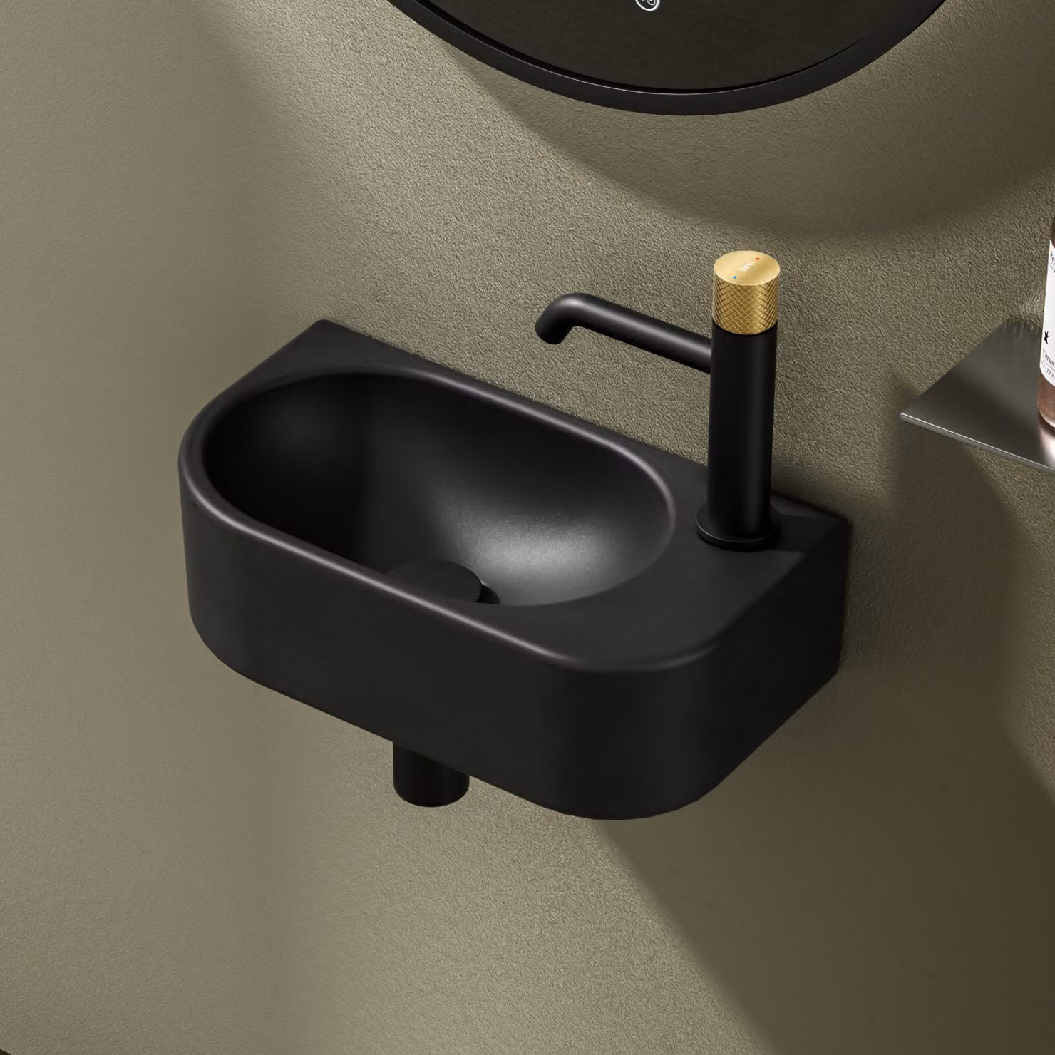 EMKE Lavabo angolare a parete - Piccolo lavabo rettangolare da appoggio in Vetroceramica 400 x 215 x 120 mm con foro per rubinetto a destra Nero
