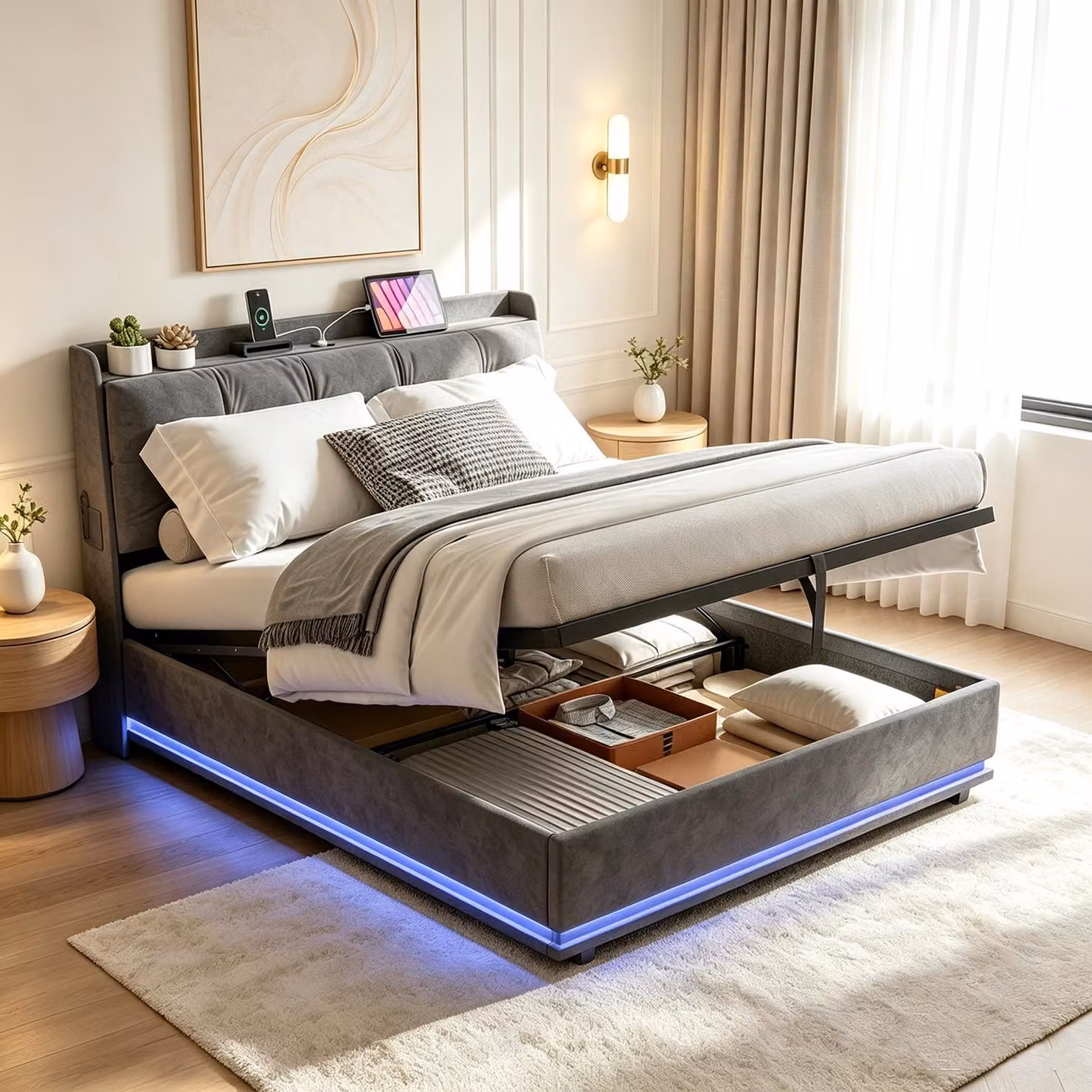 Letto matrimoniale con boxspring, imbottito, 160x200 cm, con LED e USB. Letto con sistema di sollevamento idraulico per lo stoccaggio, dotato di testiera e rete a doghe. Letto matrimoniale, ideale anche per ragazzi, rivestito in velluto, colore grigio