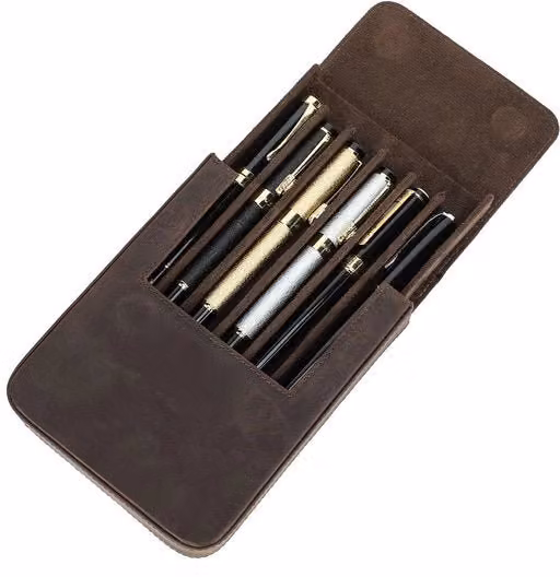 Astuccio vintage in pelle e scamosciato marrone per 6 penne
