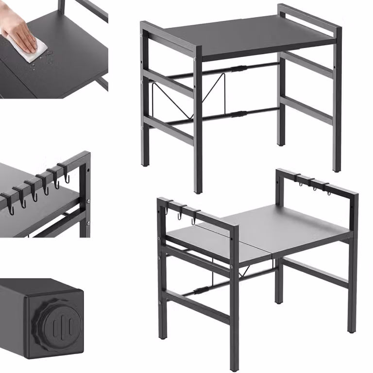 Ripiano per cucina - Piano di appoggio per microonde/friggitrice ad aria - Dimensioni regolabili - Acciaio - 1 ripiano - 6 ganci - Salvaspazio