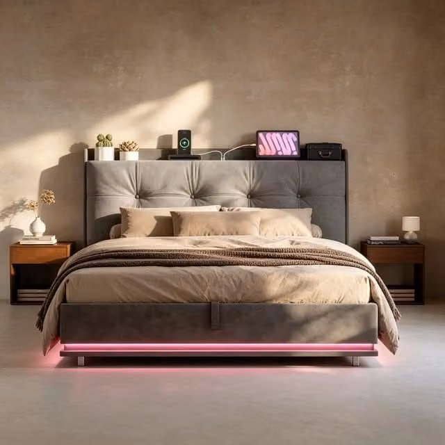 Letto imbottito 140×200 cm con contenitore idraulico; letto matrimoniale con luci LED e porta USB;10cm gepolstertes Kopfteil