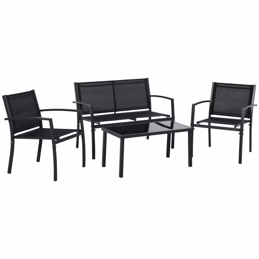 Set Salotto da Giardino Minimal in Polyrattan Nero con Tavolino, 2 Sedie e Panca in Metallo e Cuscini inclusi – 2
