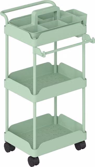 Carrello Ausiliario da Cucina HOMCOM a 3 Livelli con Ceste Estraibili e Ruote, Verde, L 42 cm x P 42,5 cm x H 76 cm