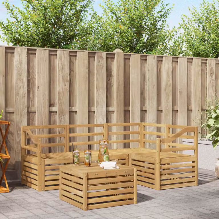 Set di divani da esterno vidaXL a forma di L in legno di acacia massello con cuscini bianchi e tavolo da caffè incluso