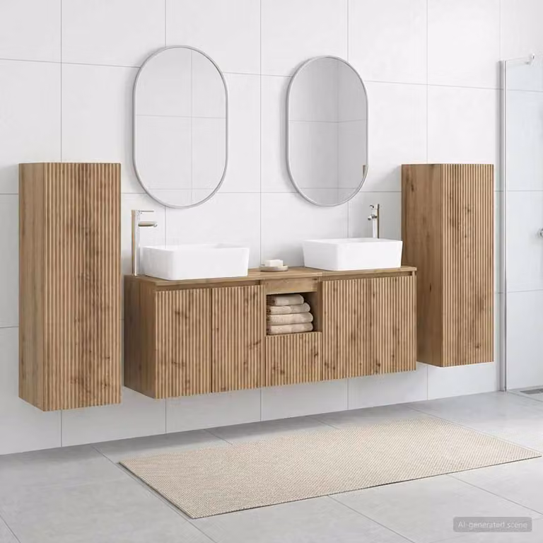 Set di mobili per il bagno moderno vidaXL in legno color rovere marrone composto da 5 pezzi con mobile sottolavabo e pensile a parete