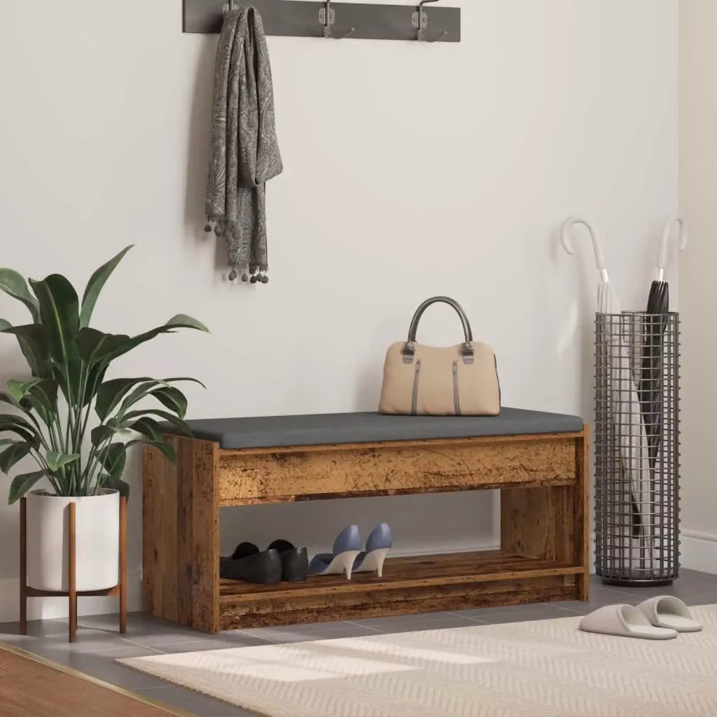 Panca per ingresso con cuscino in legno e scarpiera marrone L: 103 cm, P: 38 cm, H: 45 cm – 2