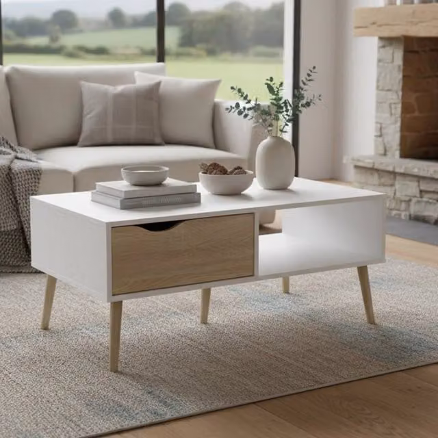 Tavolino da salotto Sfene moderno in bianco e quercia, L 99 cm x P 60 cm x H 43 cm