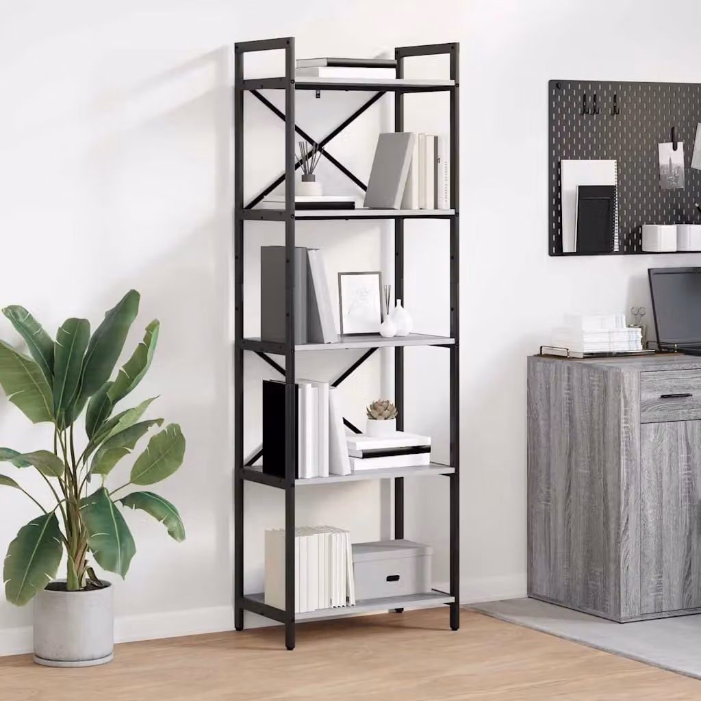 Libreria vidaXL in stile industriale con 5 livelli in legno e metallo, L: 56 cm, P: 34 cm, H: 171 cm, Nero e Grigio