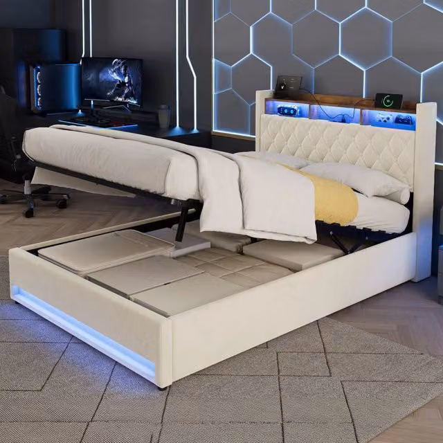 Desviae Letto imbottito in velluto beige 140 × 200 cm con rete a doghe e testiera, struttura in mdf e ferro