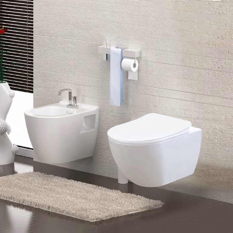 WC sospeso senza brida con sciacquone, WC standard senza brida + sedile