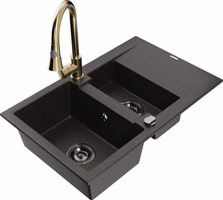 Mexen Gaspar lavello in granito a 1,5 vasche con scolapiatti e rubinetto da cucina Elia, nero/oro metallizzato