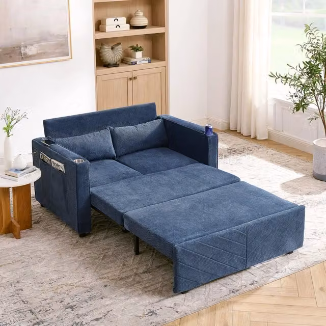 Divano Letto 2 Posti con USB ¨C MINIMAL ¨C Blu, Trasformabile
