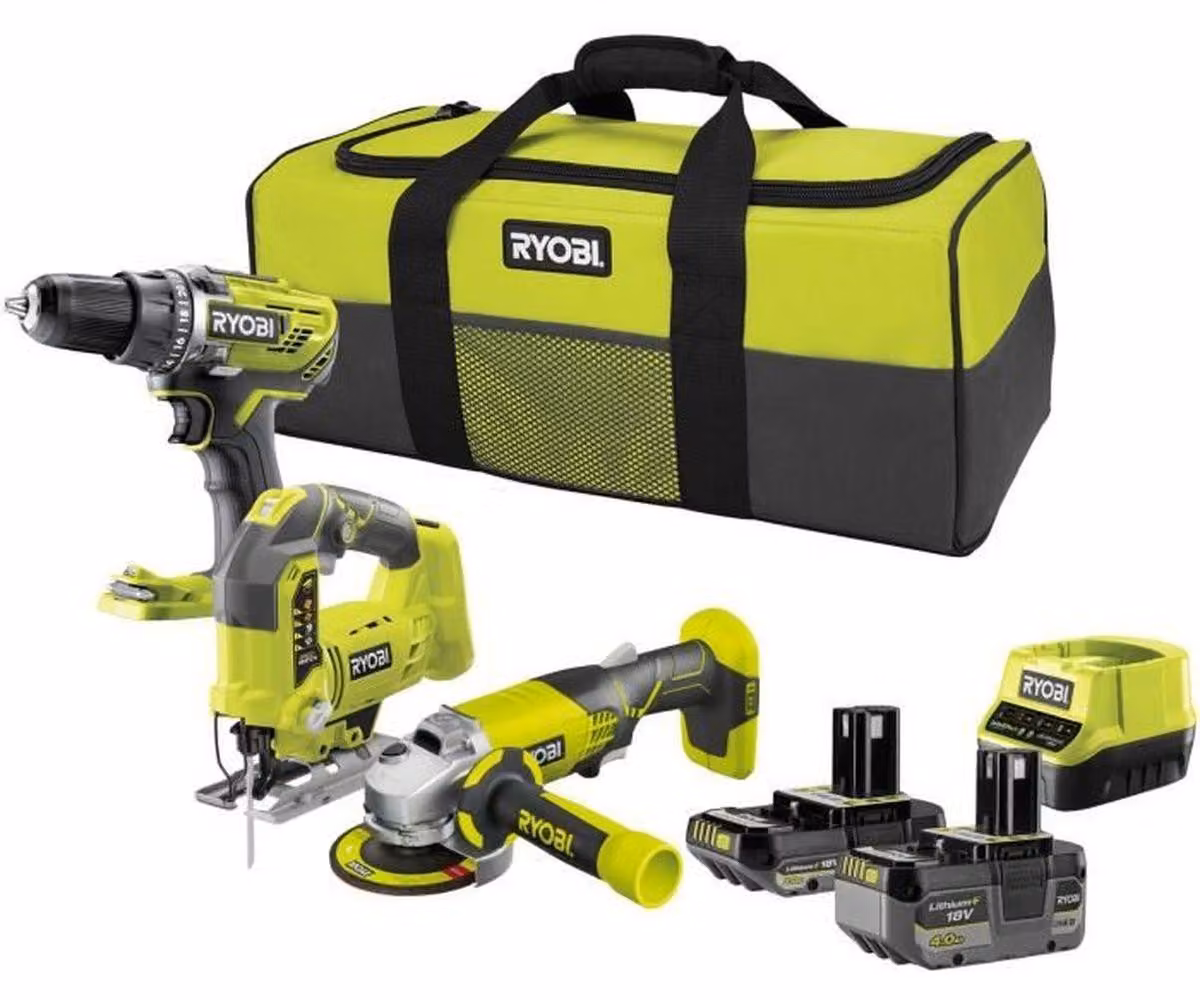 RYOBI 3 tools: 1 R18DD3 drill-driver + 1 115 mm grinder + 1 jigsaw + 2 4 Ah & 2 Ah batteries + 1 charger & 1 bag