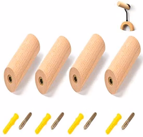 Set di ganci in legno, 4 pezzi, naturale, legno di quercia, 3x8 cm, per asciugamani e giacche