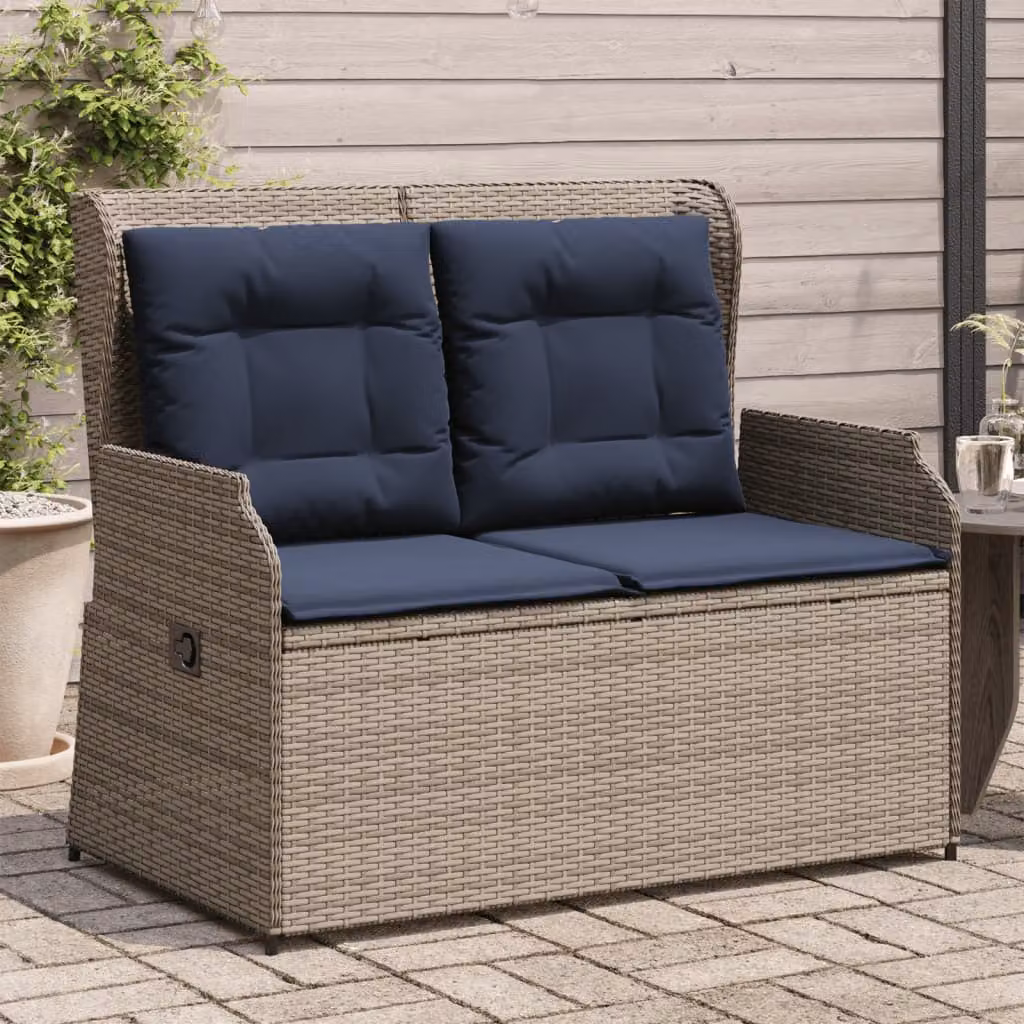 Panchina da giardino reclinabile vidaXL in rattan e metallo con cuscini blu e grigio