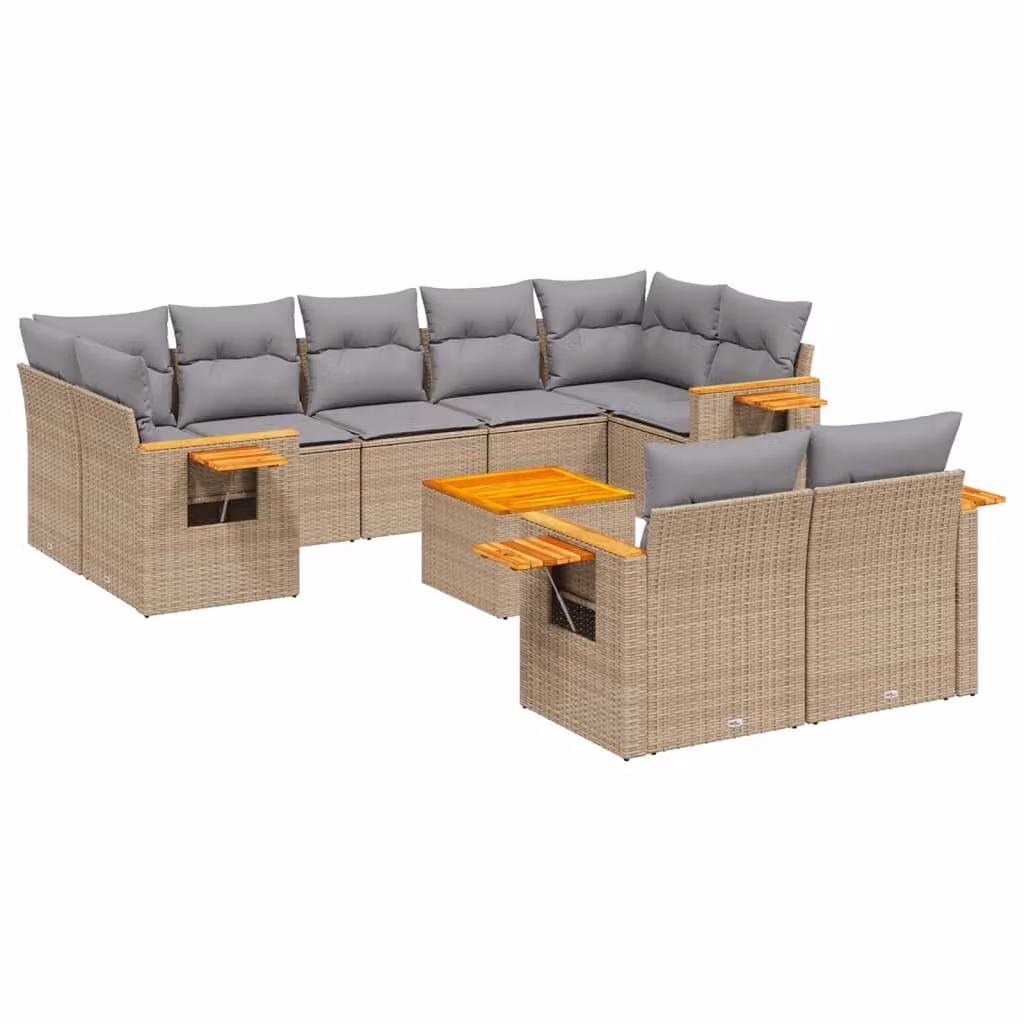 Set Divano da Giardino 10 pz con Cuscini Beige in Polyrattan