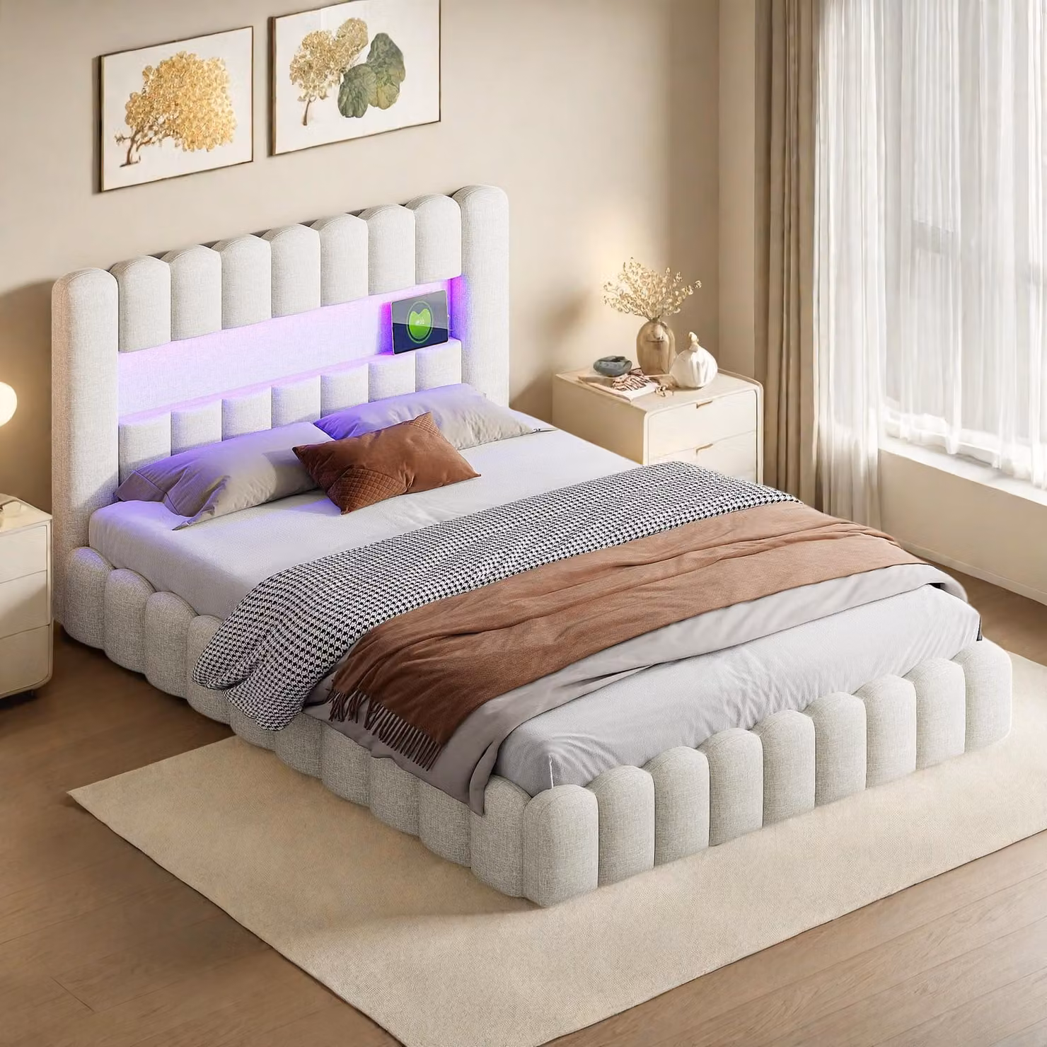 Letto imbottito INONEFT 160x200, con testiera LED e funzione di ricarica USB, struttura letto matrimoniale con contenitore e rete a doghe, colore beige, stile lino, senza materasso