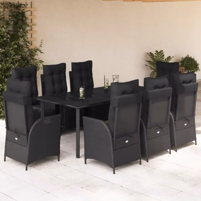 Set da pranzo da giardino vidaXL in polyrattan nero con cuscini e tavolo in vetro, 9 pezzi – 1