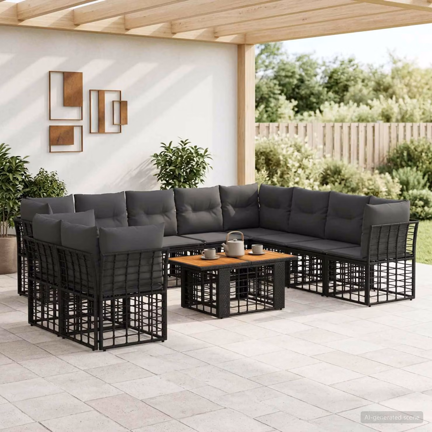Set Divano da Giardino vidaXL 11 pz in Polyrattan con Cuscini, Colore Nero e Grigio scuro
