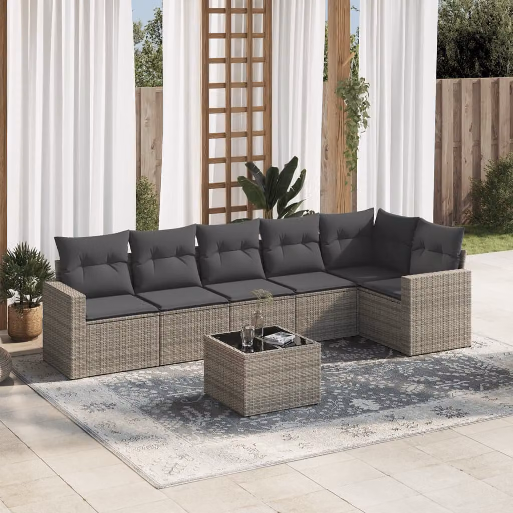 vidaXL Set Divani da Giardino 7 pz a Forma a L con Tavolino in Polyrattan e Cuscini Grigio – 1