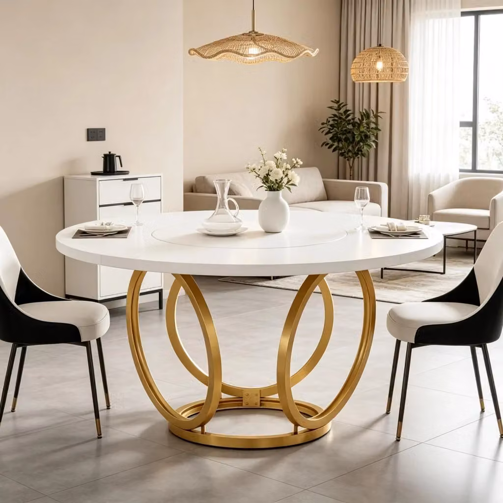 Tavolo da pranzo rotondo Mivray moderno con piano in MDF laminato e base geometrica in metallo bianco e oro, Diametro: 120 cm – 2