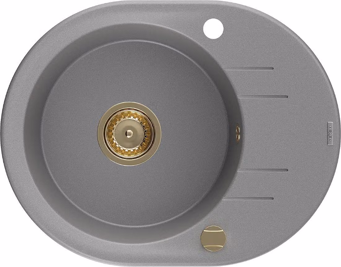 Mexen Kevin lavello in granito 1-bacino con gocciolatoio 586 x 458 mm, grigio, sifone dorato - 6517581005-71-G