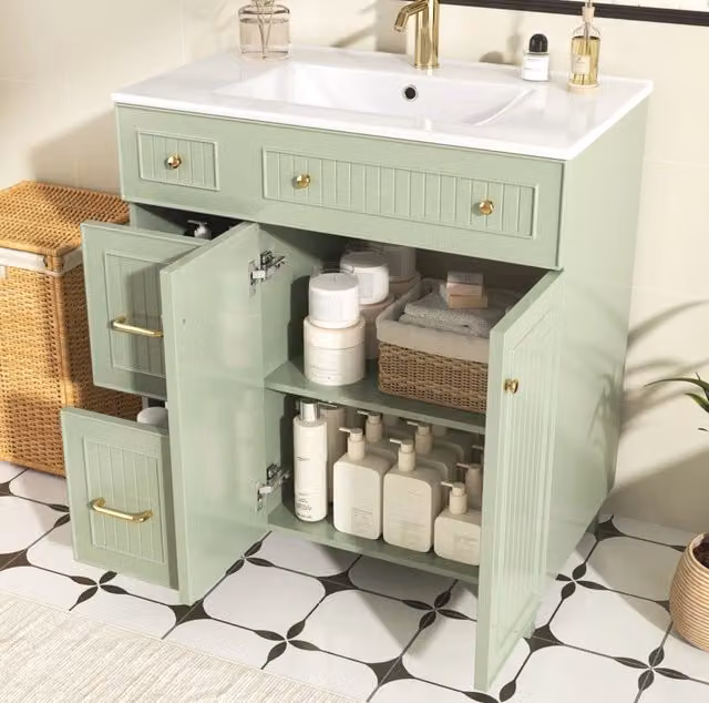 Mobile bagno con lavabo in ceramica 81;7 cm; verde; in MDF laccato con gambe in legno di pino