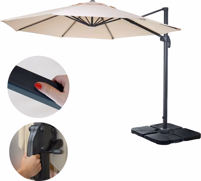 Ombrellone semaforo gastronomico HWC-A96, ombrellone rotondo Ø 3m poliestere alluminio/acciaio 23kg ~ crema con supporto, girevole