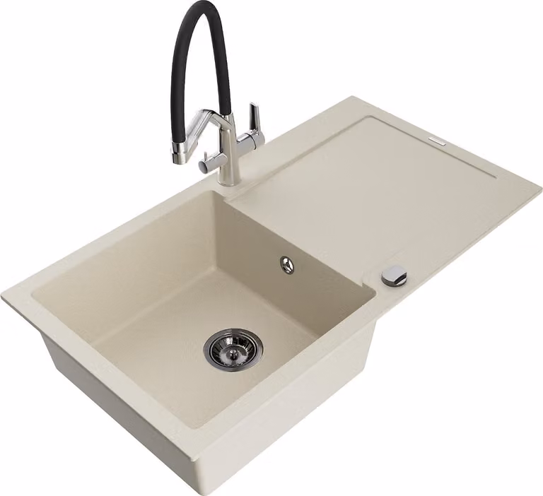 Mexen Leo lavello in granito a 1 vasca con scolapiatti e miscelatore cucina Duo, beige - 6501-69-671701-07-B