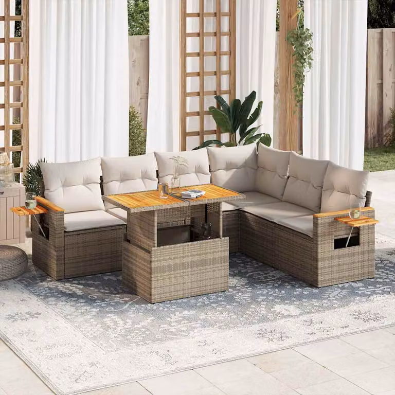 Set Divani da Giardino vidaXL 7 pz in Polyrattan con Cuscini Beige e Tavolino da Caffè in Legno di Acacia