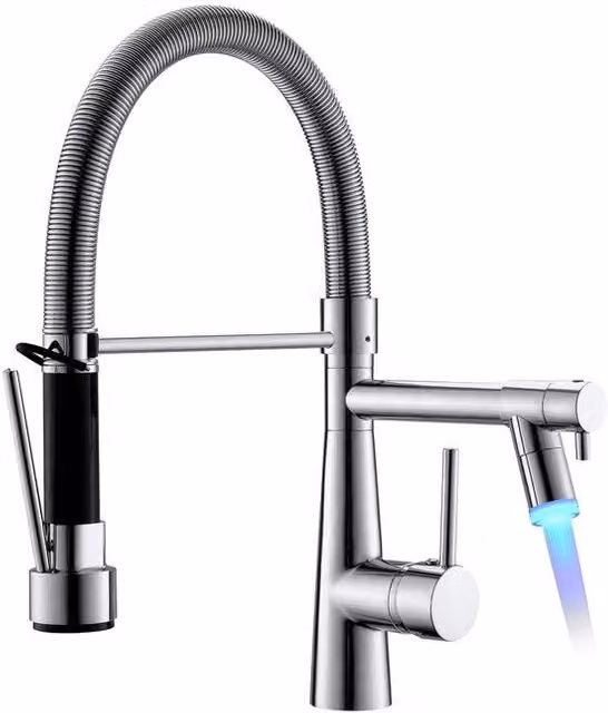 Led Keukenkraan con Doccia a Blocco con Maniglia Rotativa 360° - Testa Doccia Riscattabile - Alta Pressione - Finestra in Argento