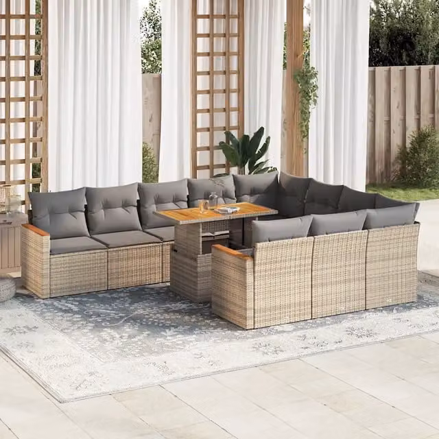 Set di Divani da Giardino a L vidaXL in Polyrattan e Legno di Acacia con Cuscini Beige e Grigio, 11 Pezzi – 1