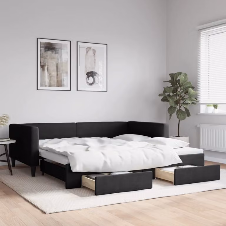 vidaXL Divano Letto Estraibile con Cassetti in Tessuto Nero L/P/H: 223 x 100 x 68 cm
