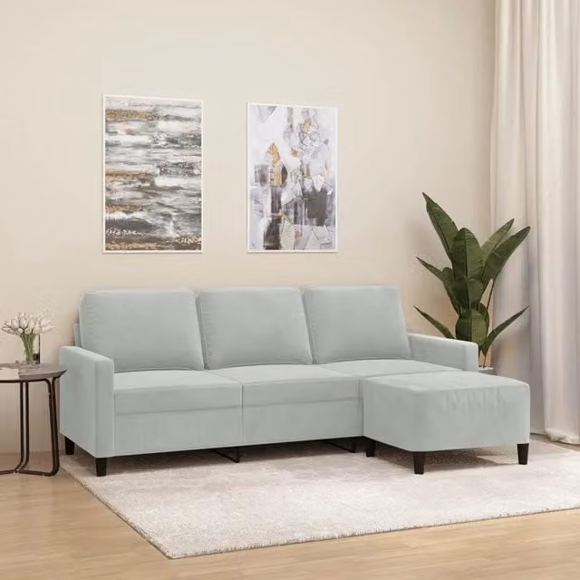 Divano a 3 posti Design Mania in velluto grigio con poggiapiedi coordinato e funzione letto, L: 198 cm, P: 80 cm, H: 77 cm
